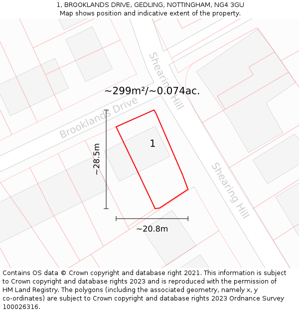 1, BROOKLANDS DRIVE, GEDLING, NOTTINGHAM, NG4 3GU: Plot and title map