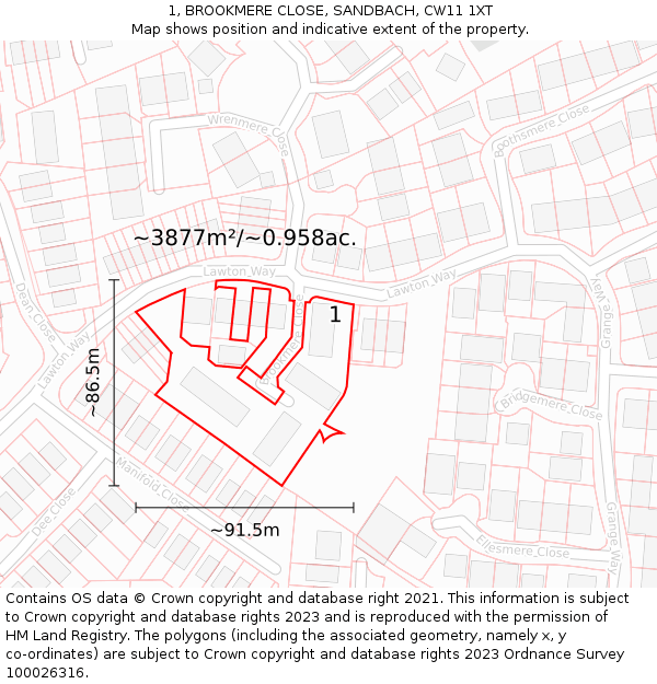 1, BROOKMERE CLOSE, SANDBACH, CW11 1XT: Plot and title map