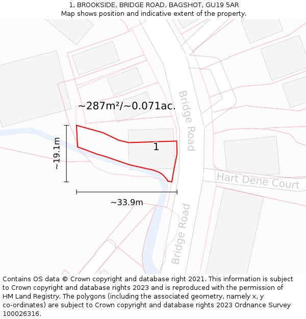 1, BROOKSIDE, BRIDGE ROAD, BAGSHOT, GU19 5AR: Plot and title map