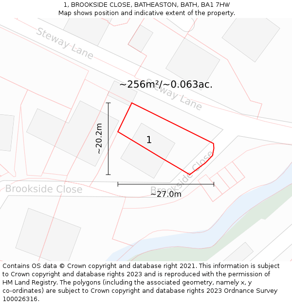 1, BROOKSIDE CLOSE, BATHEASTON, BATH, BA1 7HW: Plot and title map