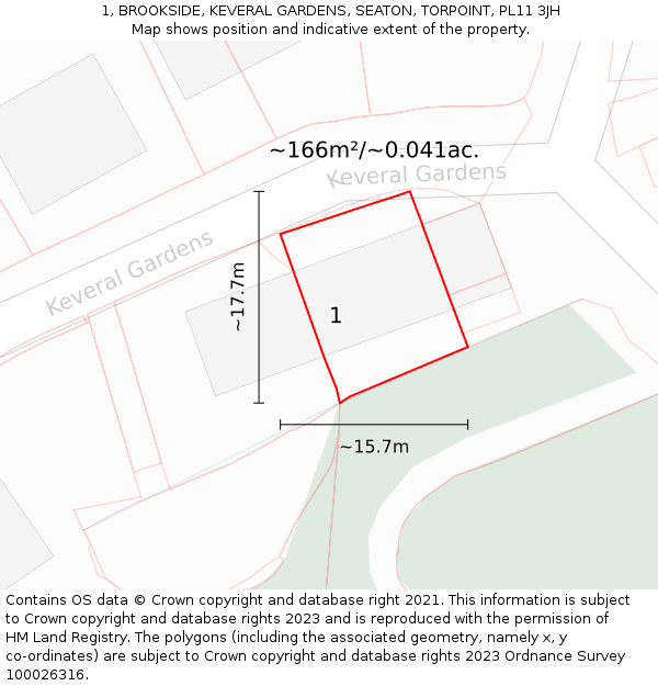1, BROOKSIDE, KEVERAL GARDENS, SEATON, TORPOINT, PL11 3JH: Plot and title map