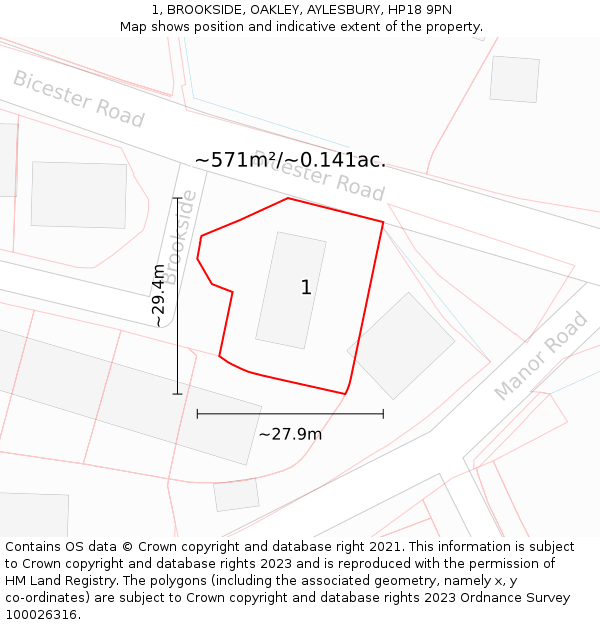 1, BROOKSIDE, OAKLEY, AYLESBURY, HP18 9PN: Plot and title map