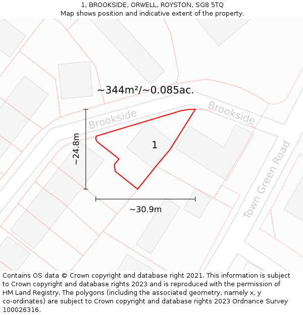 1, BROOKSIDE, ORWELL, ROYSTON, SG8 5TQ: Plot and title map
