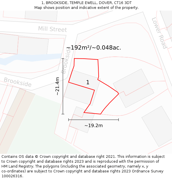 1, BROOKSIDE, TEMPLE EWELL, DOVER, CT16 3DT: Plot and title map