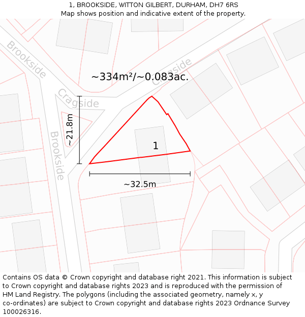 1, BROOKSIDE, WITTON GILBERT, DURHAM, DH7 6RS: Plot and title map