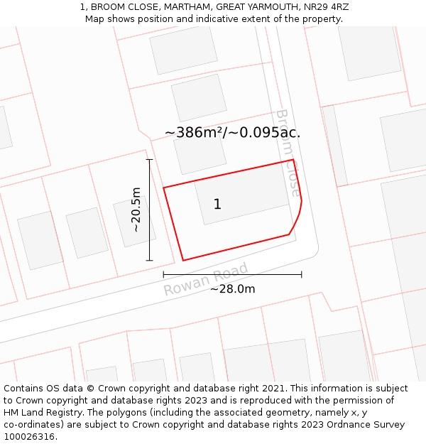 1, BROOM CLOSE, MARTHAM, GREAT YARMOUTH, NR29 4RZ: Plot and title map