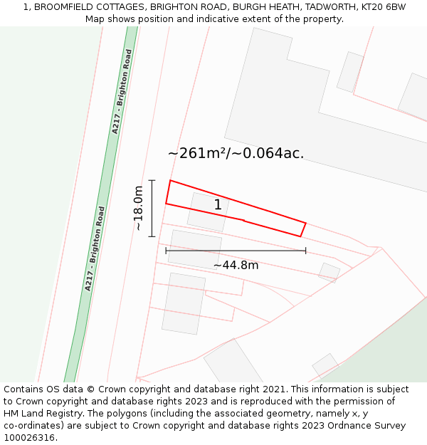 1, BROOMFIELD COTTAGES, BRIGHTON ROAD, BURGH HEATH, TADWORTH, KT20 6BW: Plot and title map