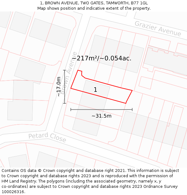 1, BROWN AVENUE, TWO GATES, TAMWORTH, B77 1GL: Plot and title map