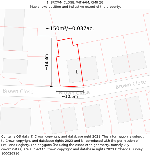 1, BROWN CLOSE, WITHAM, CM8 2GJ: Plot and title map
