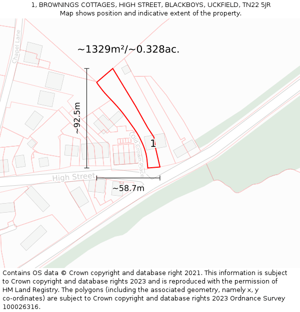 1, BROWNINGS COTTAGES, HIGH STREET, BLACKBOYS, UCKFIELD, TN22 5JR: Plot and title map