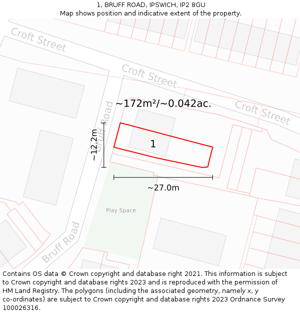 1, BRUFF ROAD, IPSWICH, IP2 8GU: Plot and title map