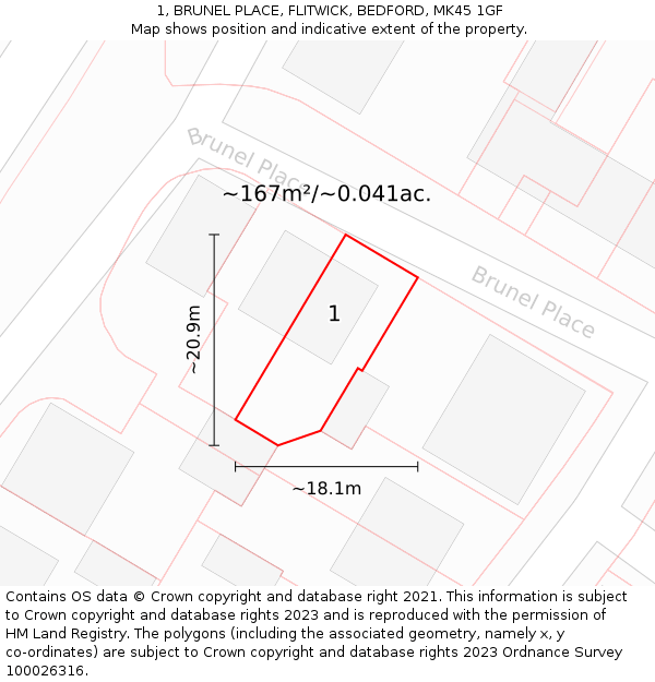 1, BRUNEL PLACE, FLITWICK, BEDFORD, MK45 1GF: Plot and title map