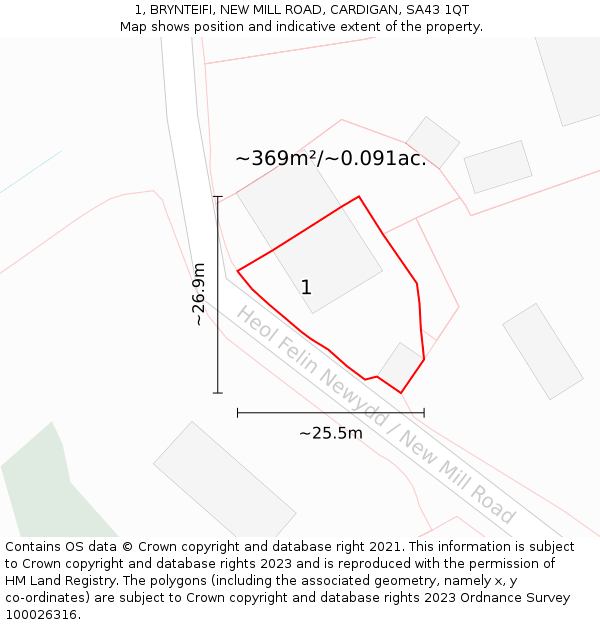 1, BRYNTEIFI, NEW MILL ROAD, CARDIGAN, SA43 1QT: Plot and title map