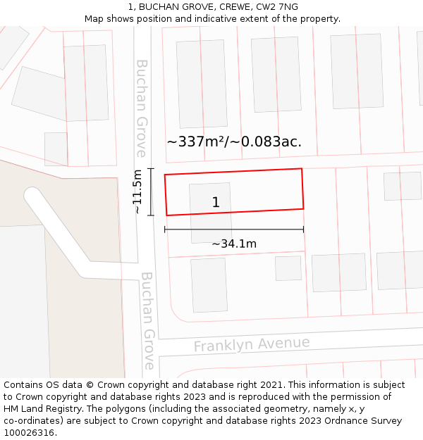 1, BUCHAN GROVE, CREWE, CW2 7NG: Plot and title map