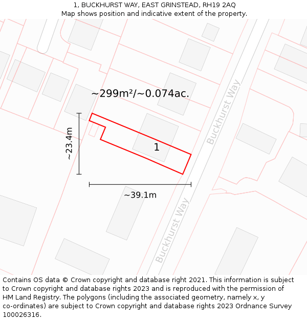 1, BUCKHURST WAY, EAST GRINSTEAD, RH19 2AQ: Plot and title map