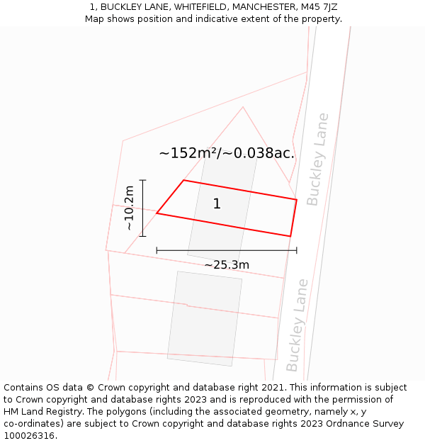 1, BUCKLEY LANE, WHITEFIELD, MANCHESTER, M45 7JZ: Plot and title map