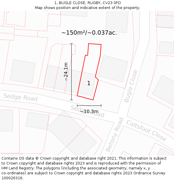 1, BUGLE CLOSE, RUGBY, CV23 0FD: Plot and title map