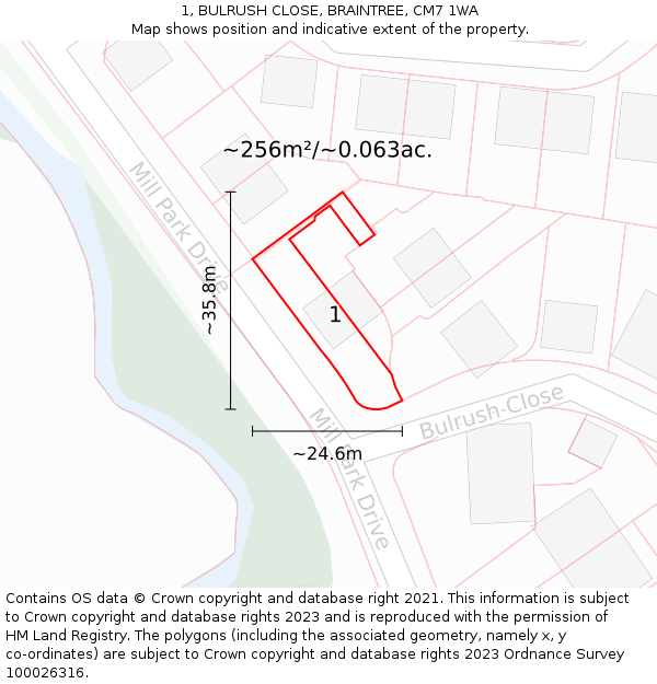 1, BULRUSH CLOSE, BRAINTREE, CM7 1WA: Plot and title map