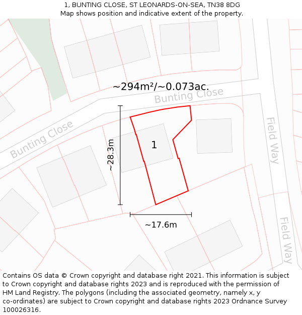 1, BUNTING CLOSE, ST LEONARDS-ON-SEA, TN38 8DG: Plot and title map