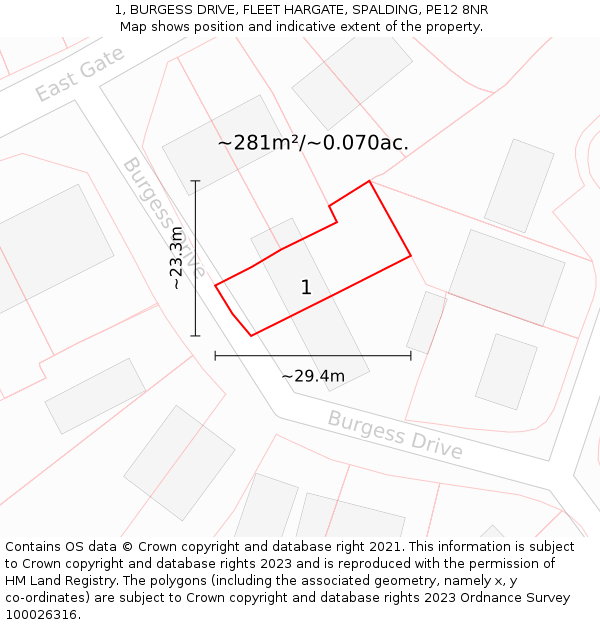 1, BURGESS DRIVE, FLEET HARGATE, SPALDING, PE12 8NR: Plot and title map