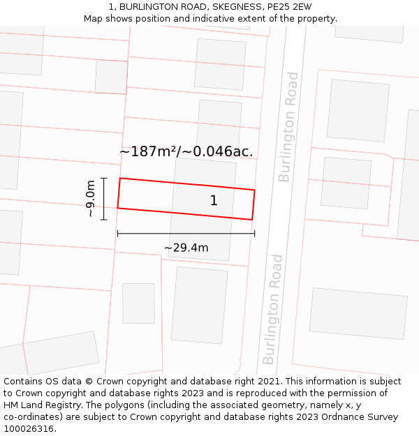 1, BURLINGTON ROAD, SKEGNESS, PE25 2EW: Plot and title map