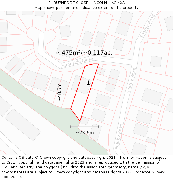 1, BURNESIDE CLOSE, LINCOLN, LN2 4XA: Plot and title map