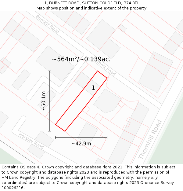 1, BURNETT ROAD, SUTTON COLDFIELD, B74 3EL: Plot and title map