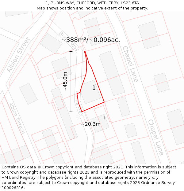 1, BURNS WAY, CLIFFORD, WETHERBY, LS23 6TA: Plot and title map