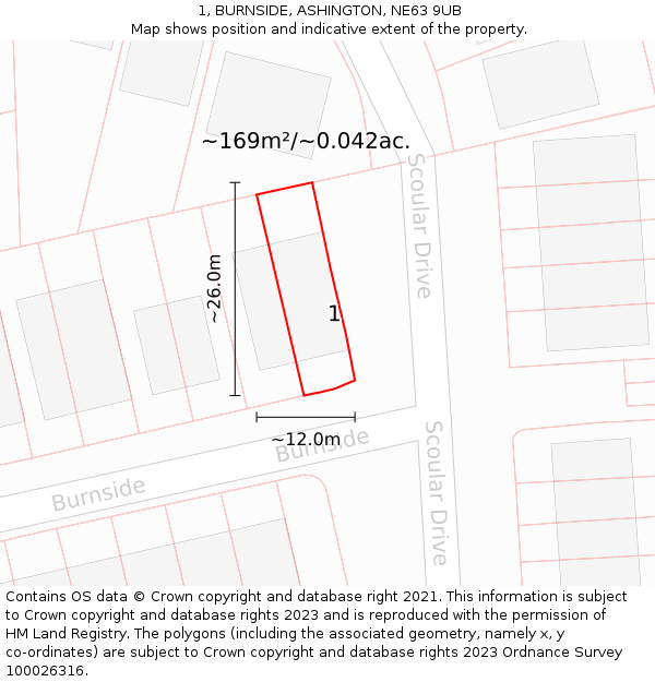1, BURNSIDE, ASHINGTON, NE63 9UB: Plot and title map