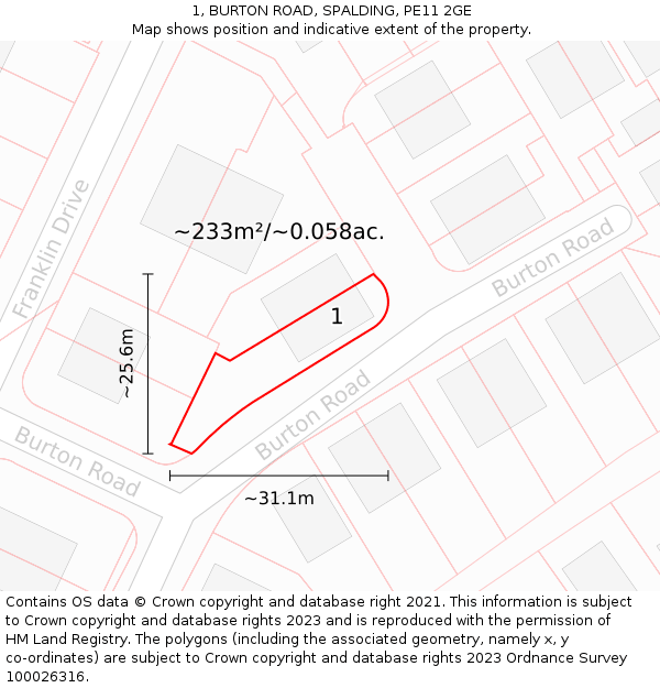 1, BURTON ROAD, SPALDING, PE11 2GE: Plot and title map