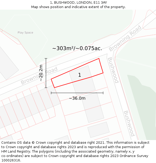 1, BUSHWOOD, LONDON, E11 3AY: Plot and title map