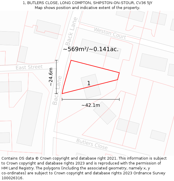 1, BUTLERS CLOSE, LONG COMPTON, SHIPSTON-ON-STOUR, CV36 5JY: Plot and title map