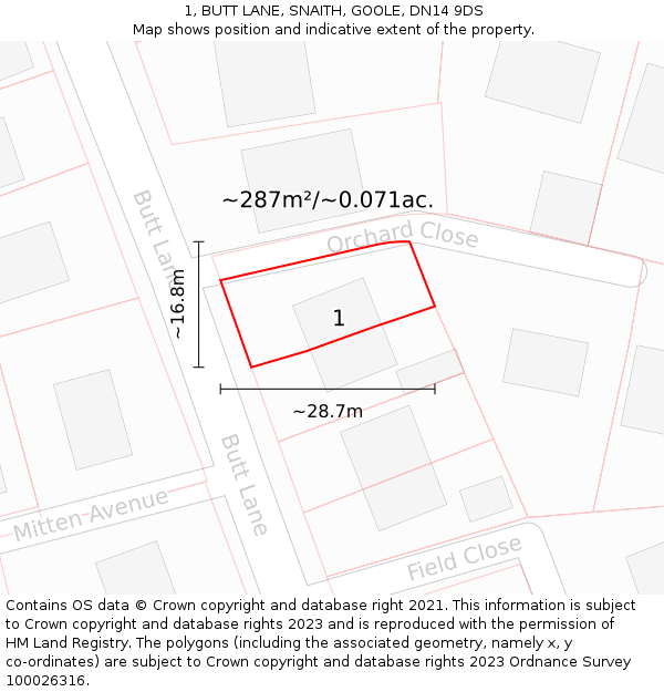 1, BUTT LANE, SNAITH, GOOLE, DN14 9DS: Plot and title map