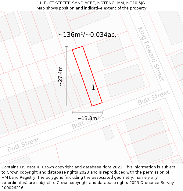1, BUTT STREET, SANDIACRE, NOTTINGHAM, NG10 5JG: Plot and title map