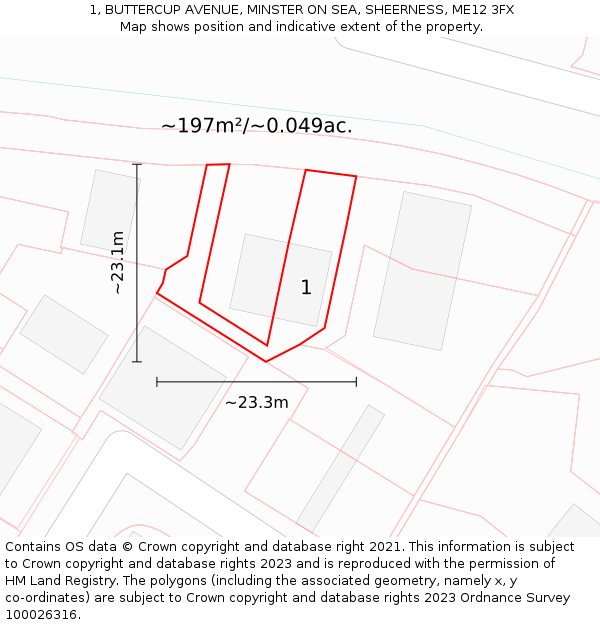 1, BUTTERCUP AVENUE, MINSTER ON SEA, SHEERNESS, ME12 3FX: Plot and title map