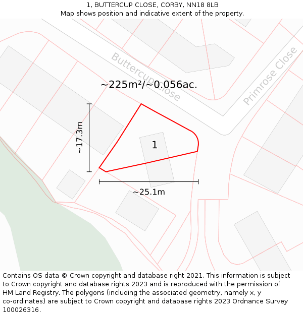 1, BUTTERCUP CLOSE, CORBY, NN18 8LB: Plot and title map