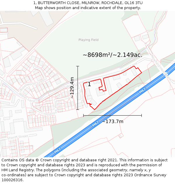1, BUTTERWORTH CLOSE, MILNROW, ROCHDALE, OL16 3TU: Plot and title map
