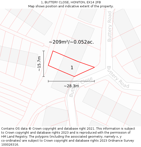 1, BUTTERY CLOSE, HONITON, EX14 2FB: Plot and title map