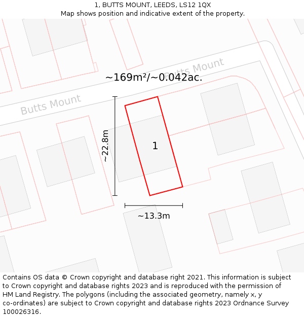 1, BUTTS MOUNT, LEEDS, LS12 1QX: Plot and title map