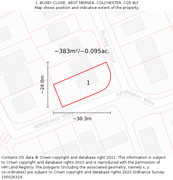 1, BUXEY CLOSE, WEST MERSEA, COLCHESTER, CO5 8LF: Plot and title map