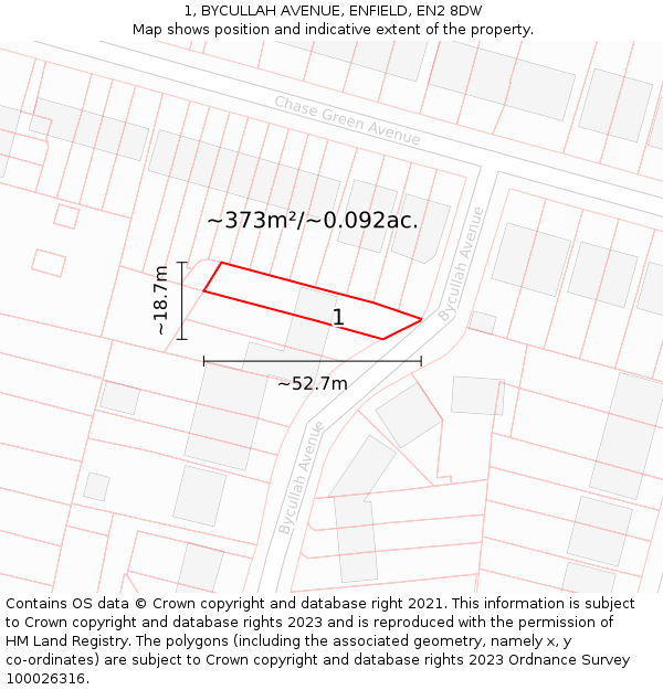 1, BYCULLAH AVENUE, ENFIELD, EN2 8DW: Plot and title map