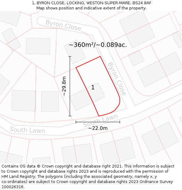 1, BYRON CLOSE, LOCKING, WESTON-SUPER-MARE, BS24 8AF: Plot and title map