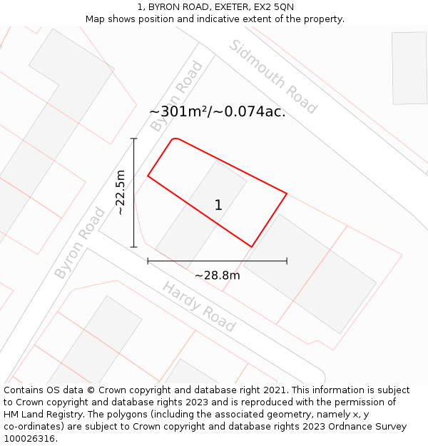 1, BYRON ROAD, EXETER, EX2 5QN: Plot and title map