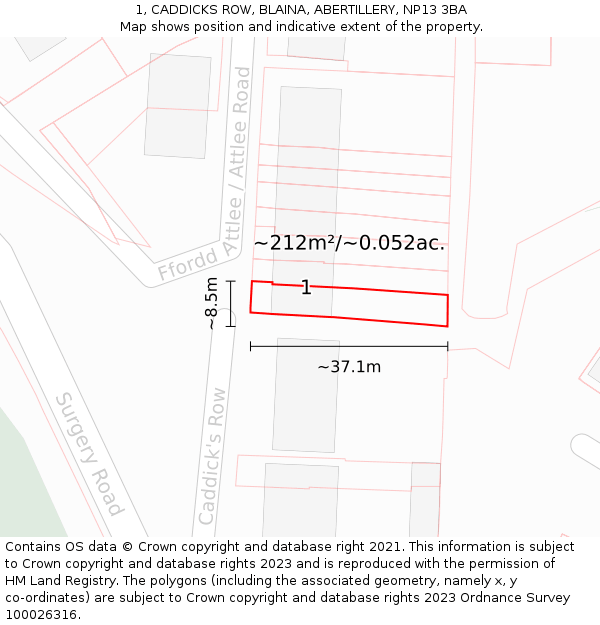 1, CADDICKS ROW, BLAINA, ABERTILLERY, NP13 3BA: Plot and title map