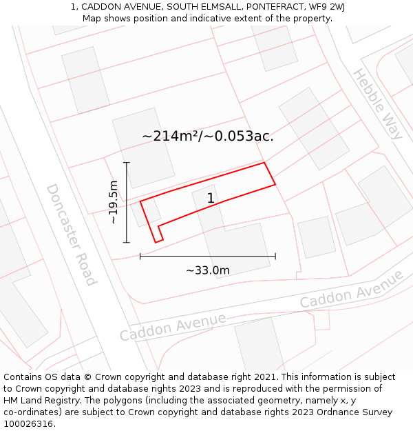 1, CADDON AVENUE, SOUTH ELMSALL, PONTEFRACT, WF9 2WJ: Plot and title map