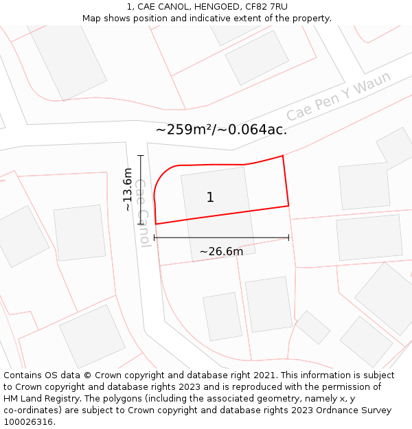1, CAE CANOL, HENGOED, CF82 7RU: Plot and title map