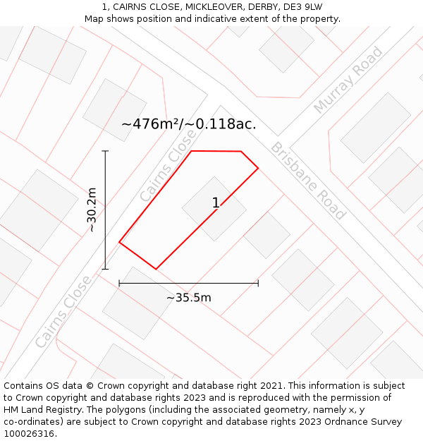1, CAIRNS CLOSE, MICKLEOVER, DERBY, DE3 9LW: Plot and title map