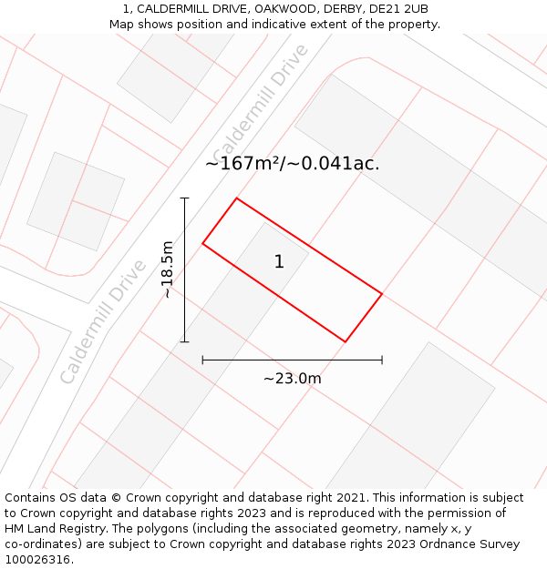 1, CALDERMILL DRIVE, OAKWOOD, DERBY, DE21 2UB: Plot and title map