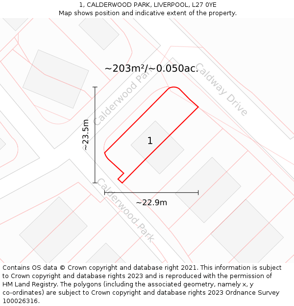 1, CALDERWOOD PARK, LIVERPOOL, L27 0YE: Plot and title map