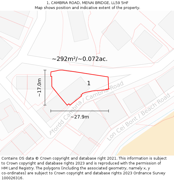 1, CAMBRIA ROAD, MENAI BRIDGE, LL59 5HF: Plot and title map
